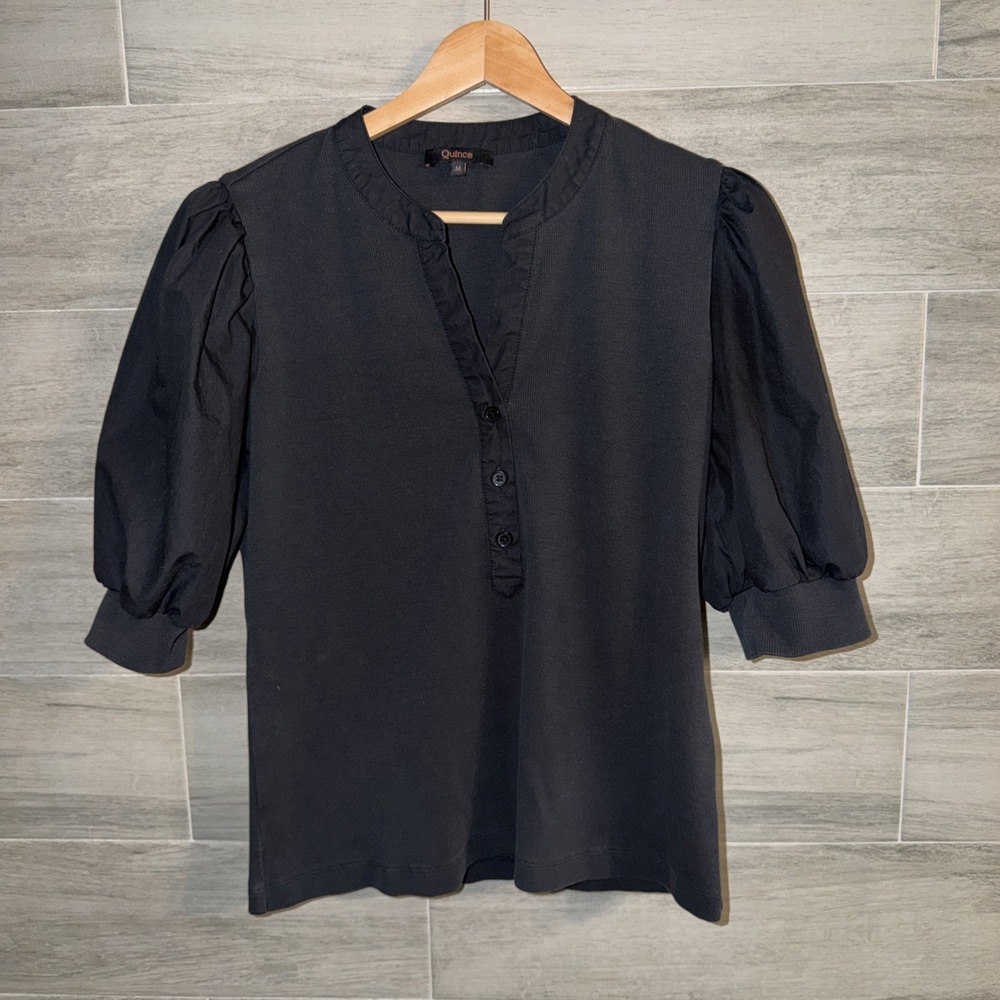 Quince Black Ribbed Mixed Media Puff Sleeve Henley Top SZ M Cotton Blend V-Neck